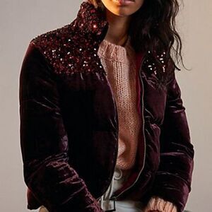 Anthropologie Vera Sequined Velvet Puffer Jacket